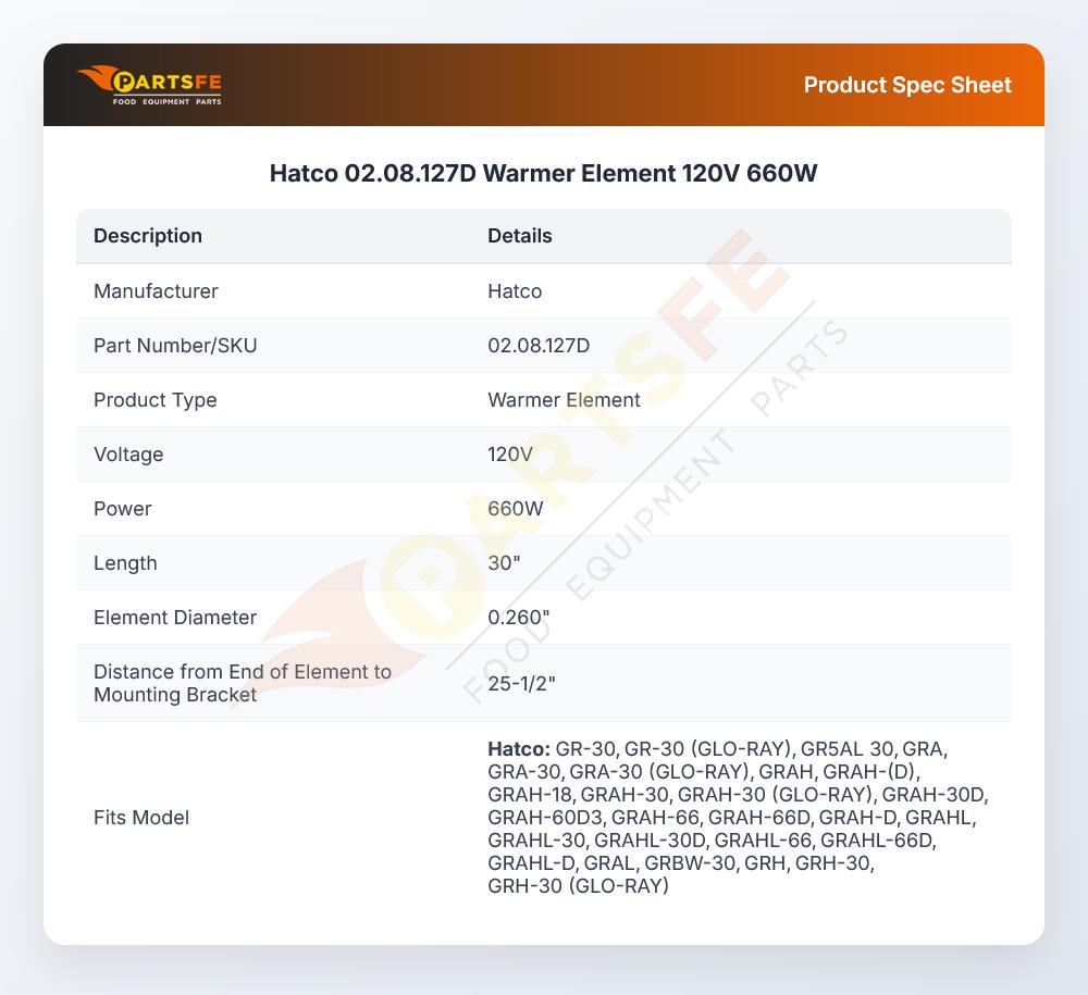 Hatco 02.08.127D Warmer Element 120V 660W