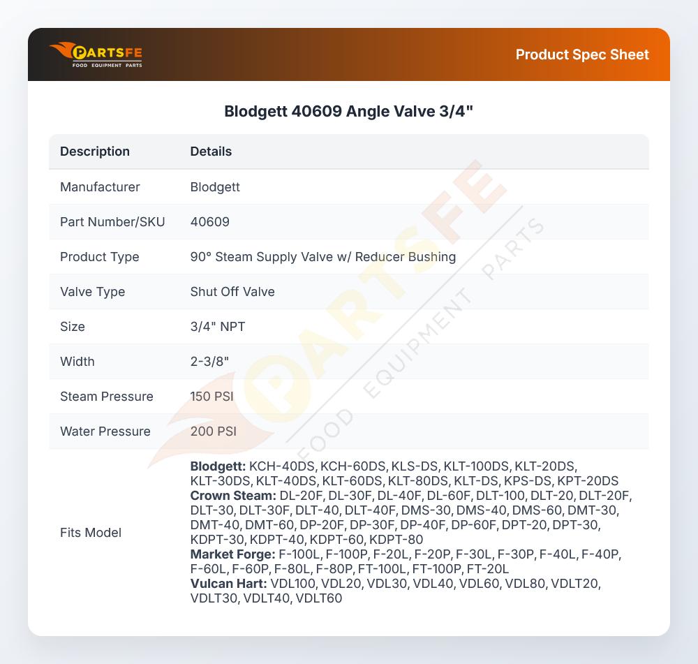 Blodgett 40609 Tilting Kettle Angle Valve 3/4"