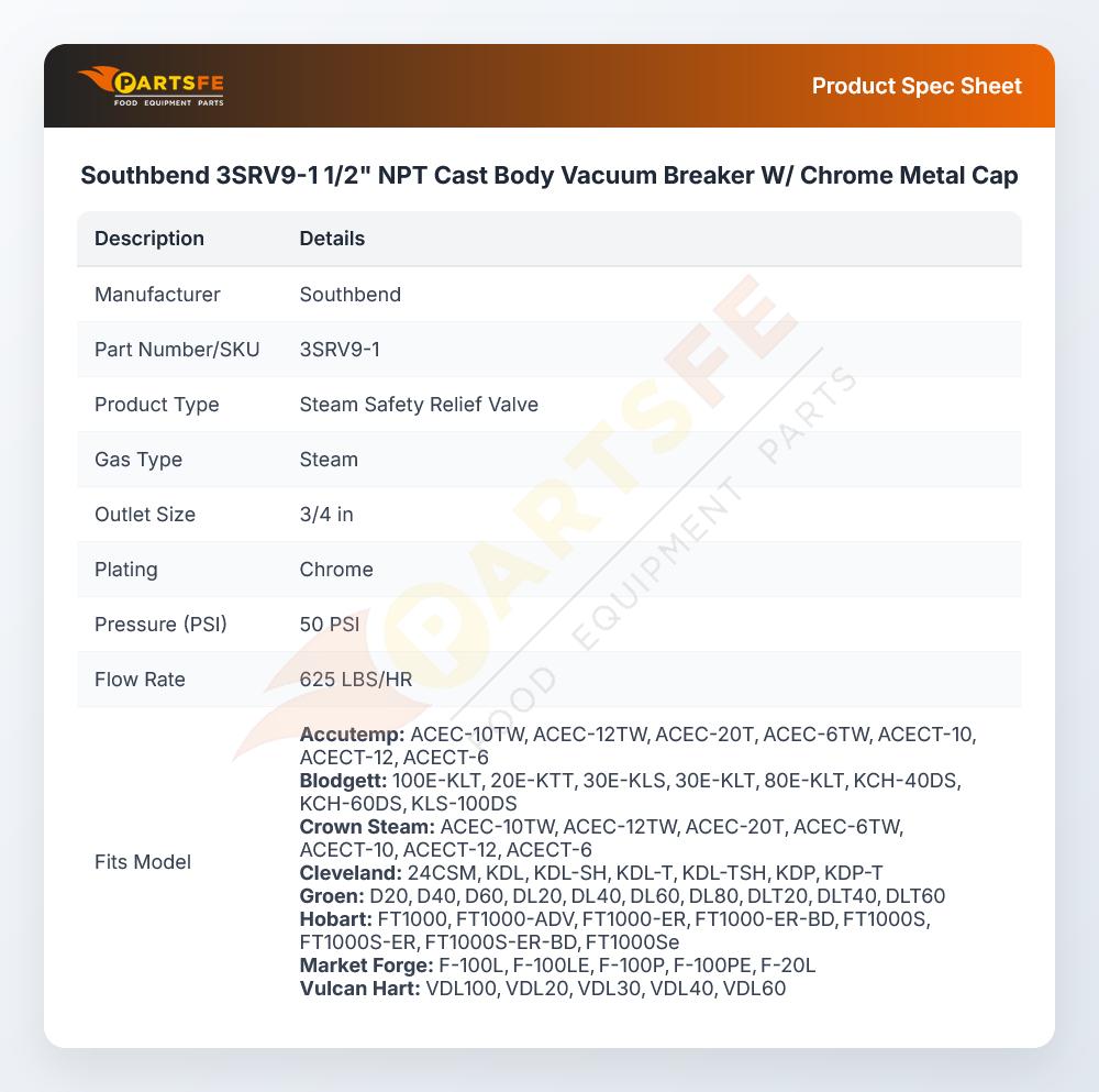 Southbend 3SRV9-1 Safety Relief Valve 3/4" MNPT 50 PSI