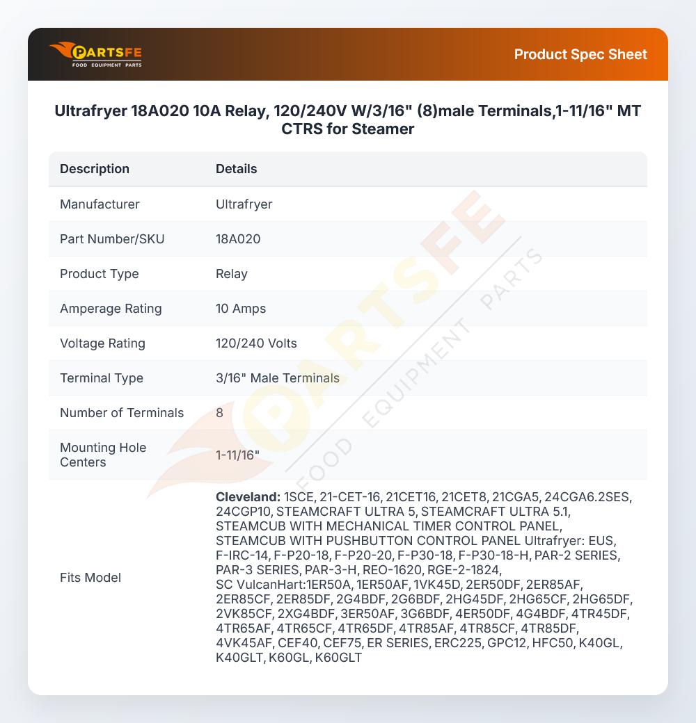 Ultrafryer 18A020 Fryer Relay 120V 50/60Hz