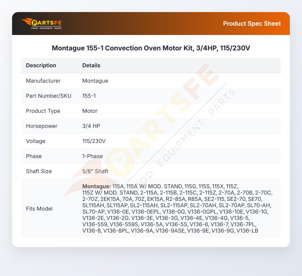 Montague 155-1 Motor Kit 3/4HP 115/230V