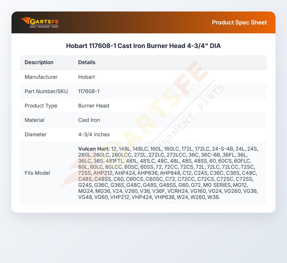 Hobart 117608-1 Cast Iron Burner Head 4-3/4" DIA