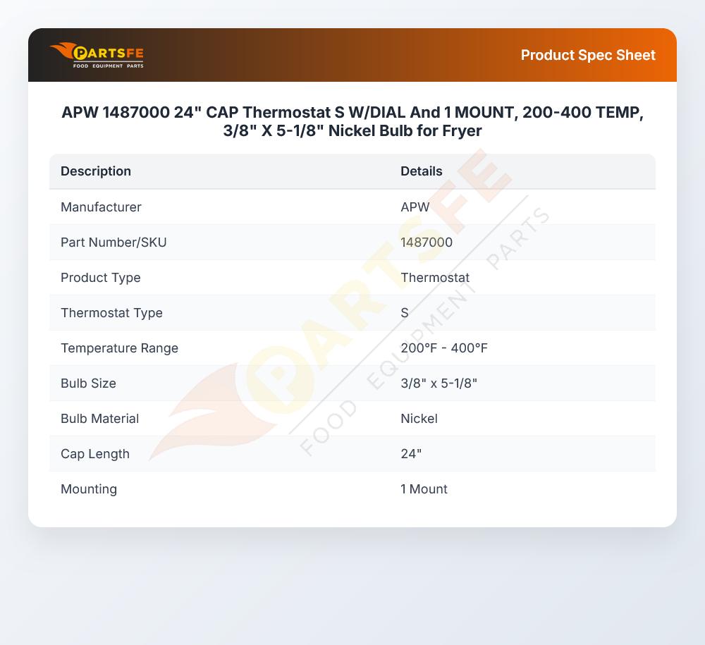 APW 1487000 Thermostat 200&deg;F-400&deg;F 3/8" X 5-1/8" 24" CAP S-Type