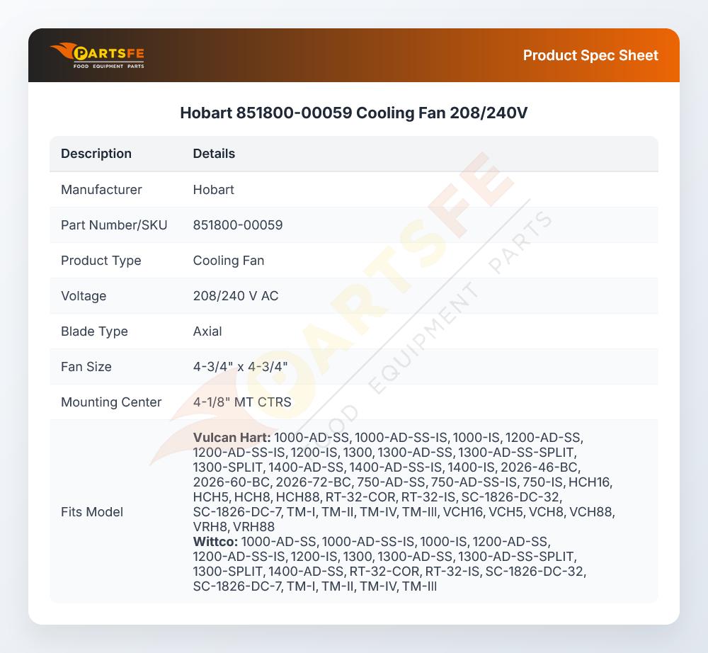 Hobart 851800-00059 Cooling Fan 208/240V