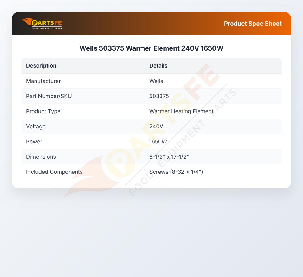 Wells 503375 Warmer Element 240V  1650W