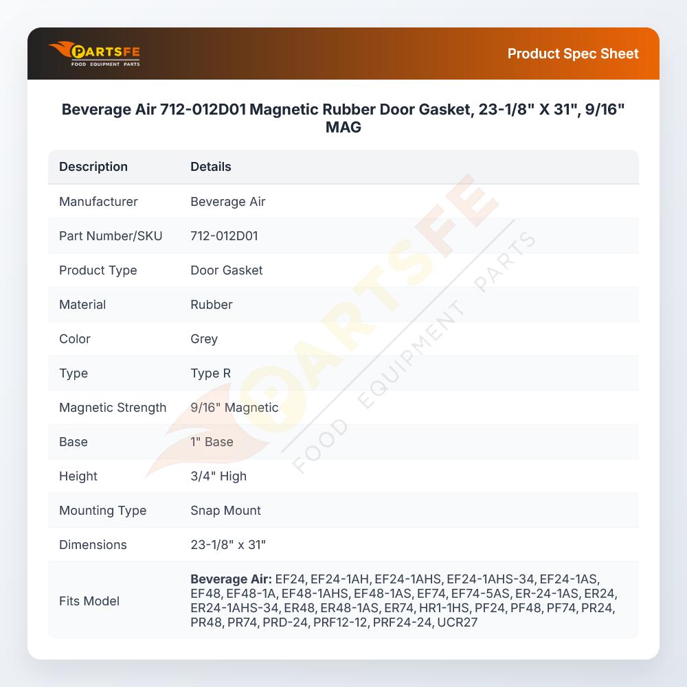 Beverage Air 712-012D01 Refrigerator Magnetic Rubber Door Gasket 23-1/8" X 31" 9/16" MAG