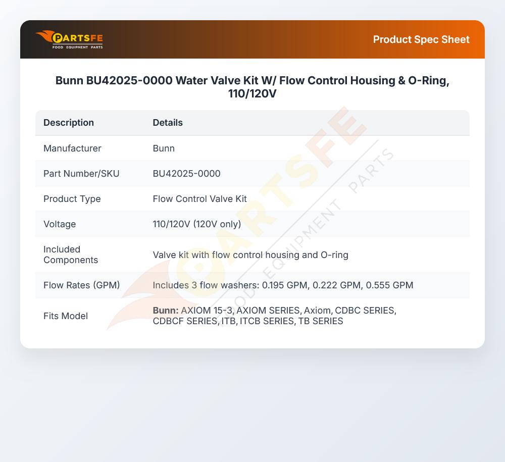 Bunn BU42025-0000 Water Valve Kit W/ Flow Control Housing & O-Ring, 110/120V