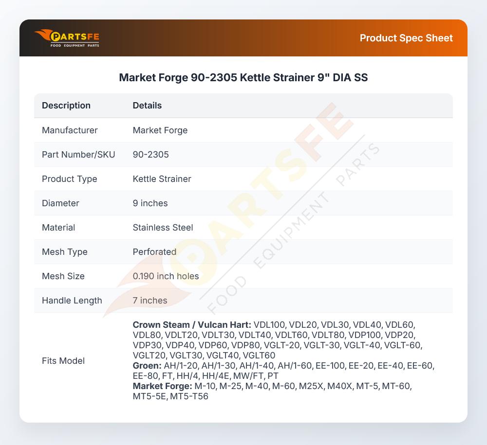 Market Forge 90-2305 Kettle Strainer 9" DIA SS