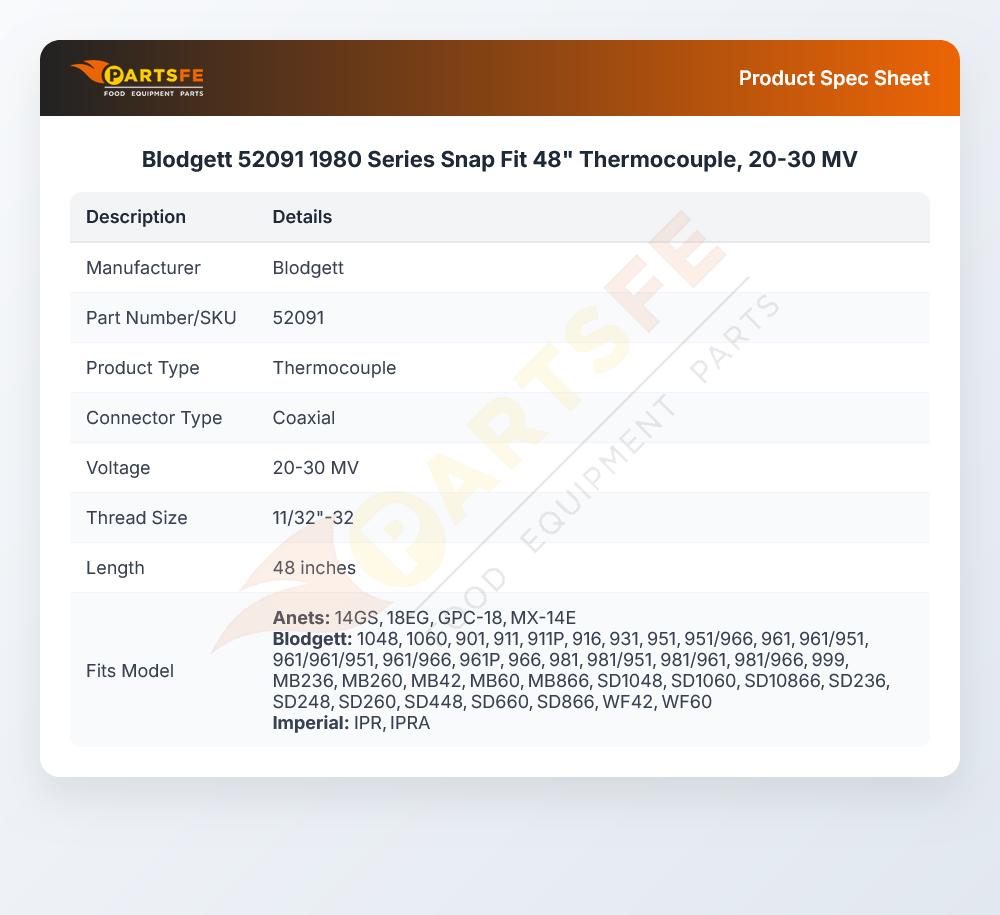 Blodgett 52091 Thermocouple Snap Fit 48" 20-30 mV 1980 Series