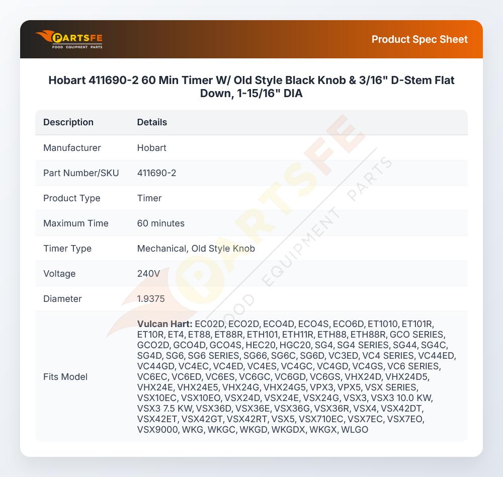 Hobart 411690-2 Timer 60 Min W/Old Style Black Knob & 3/16" D-Stem Flat Down 1-15 " X 16" DIA