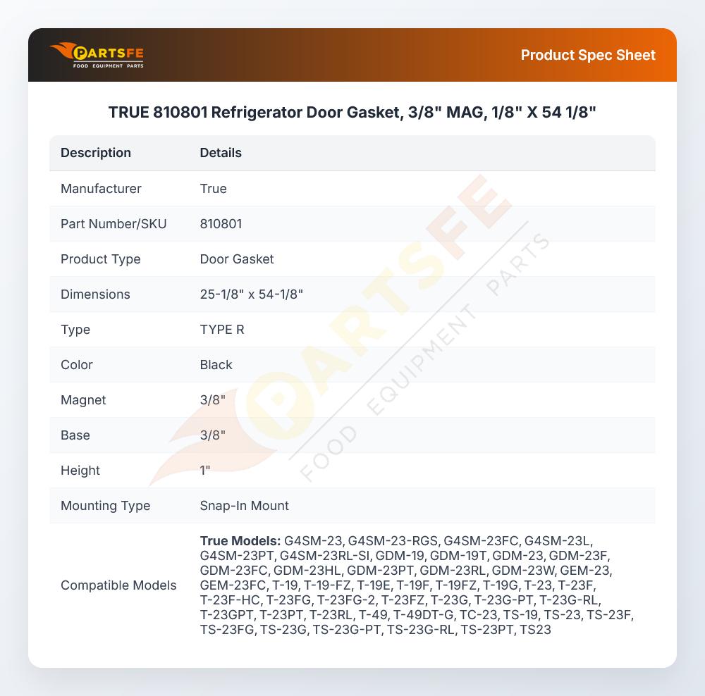 TRUE 810801 Refrigerator  Door Gasket, 3/8" MAG, 1/8" X 54 1/8"