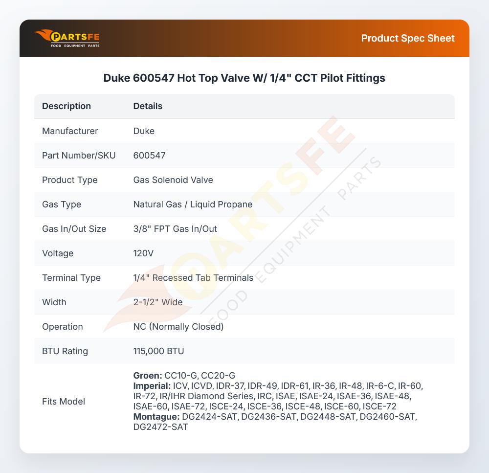 Duke 600547 Hot Top Valve W/ 1/4" CCT Pilot Fittings