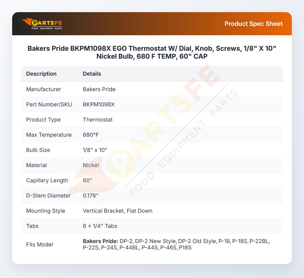 Bakers Pride BKPM1098X Oven Thermostat Kit 680&deg;F 60" Cap