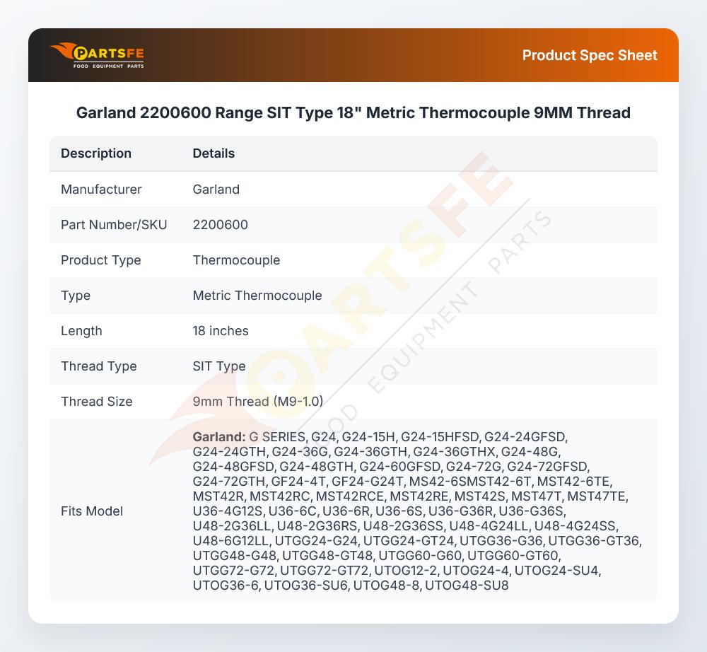 Garland 2200600 Range SIT Type 18" Metric Thermocouple 9MM Thread