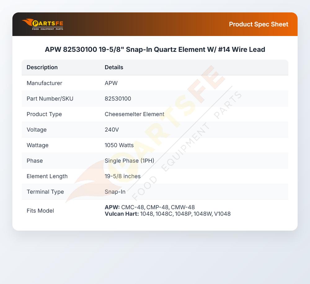 APW 82530100 Quartz Element W/Wire Lead #14 19-5/8"