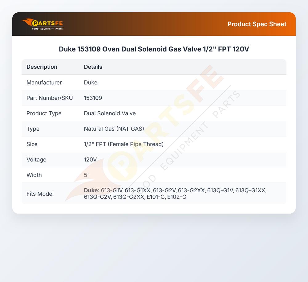 Duke 153109 Oven Dual Solenoid Gas Valve 1/2" FPT 120V