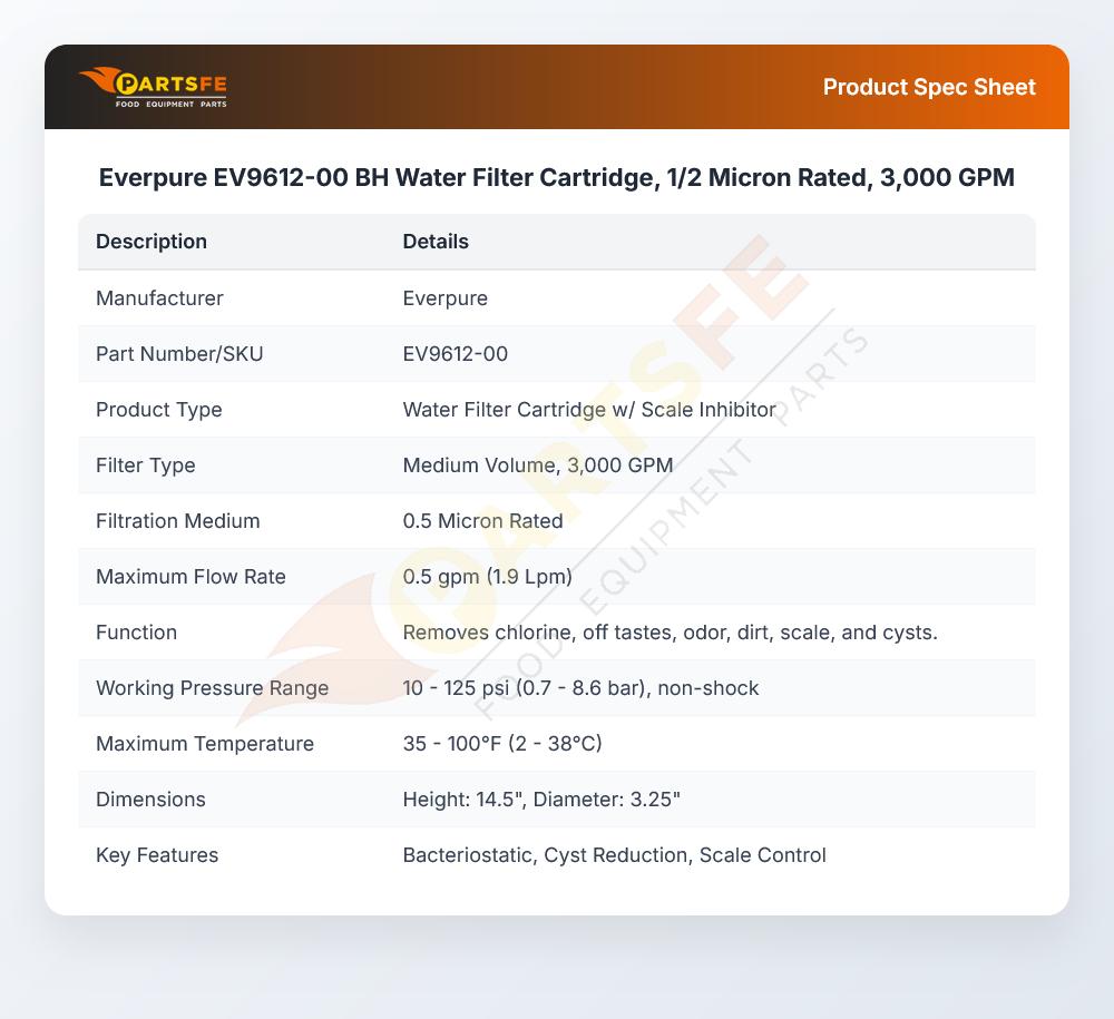Everpure EV9612-00 BH Water Filter Cartridge 1/2 Micron 3000 GPM