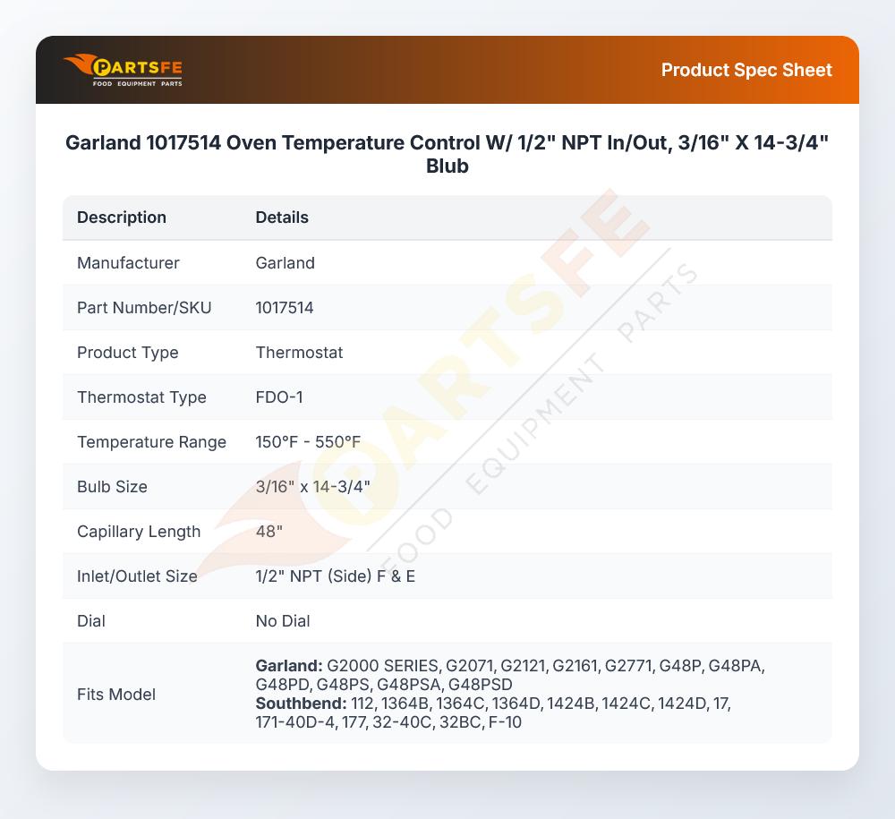 Garland 1017514 Oven Temperature Control W/ 1/2" NPT In/Out, 3/16" X 14-3/4" Blub