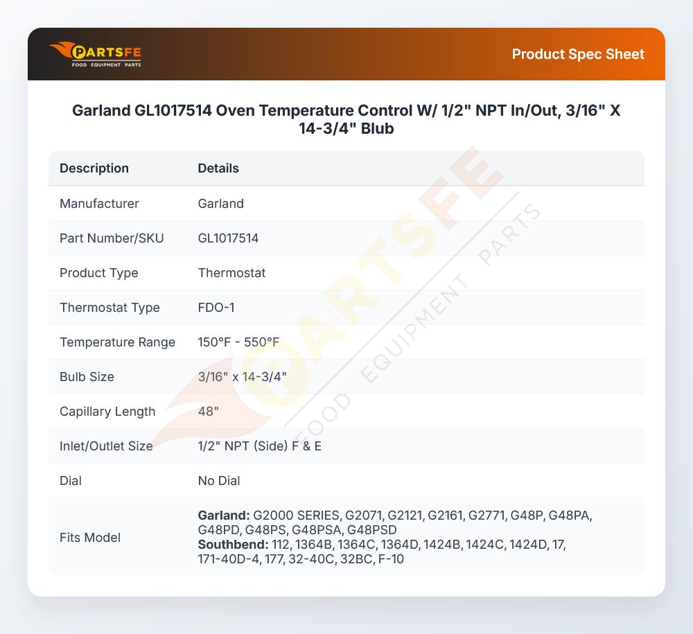 Garland GL1017514 Oven Temperature Thermostat Control W/1/2" NPT In/Out 3/16" X 14-3/4"