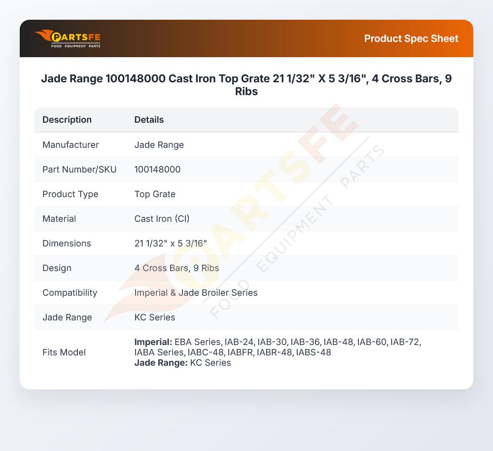 Jade Range 100148000 Top Grate Cast Iron 21-1/32" X 5-3/16" 4-Cross Bars 9-Ribs