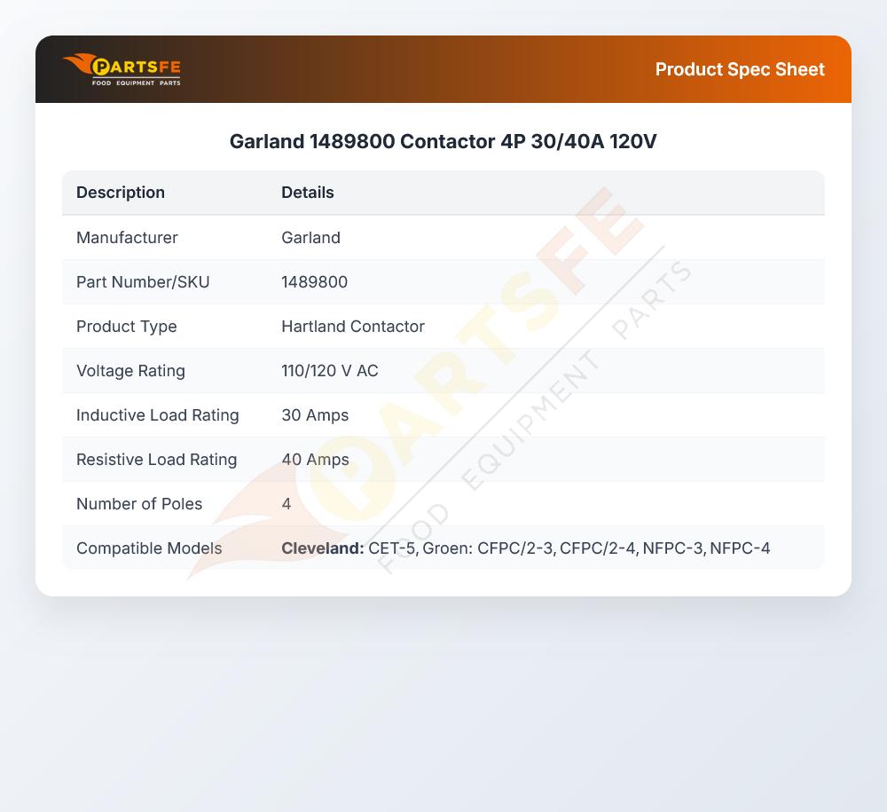 Garland 1489800 Contactor 4P 30/40A 120V