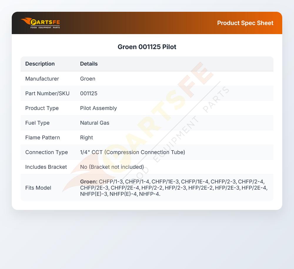 Groen 001125 Braising Pan Pilot Burner Assembly Natural Gas