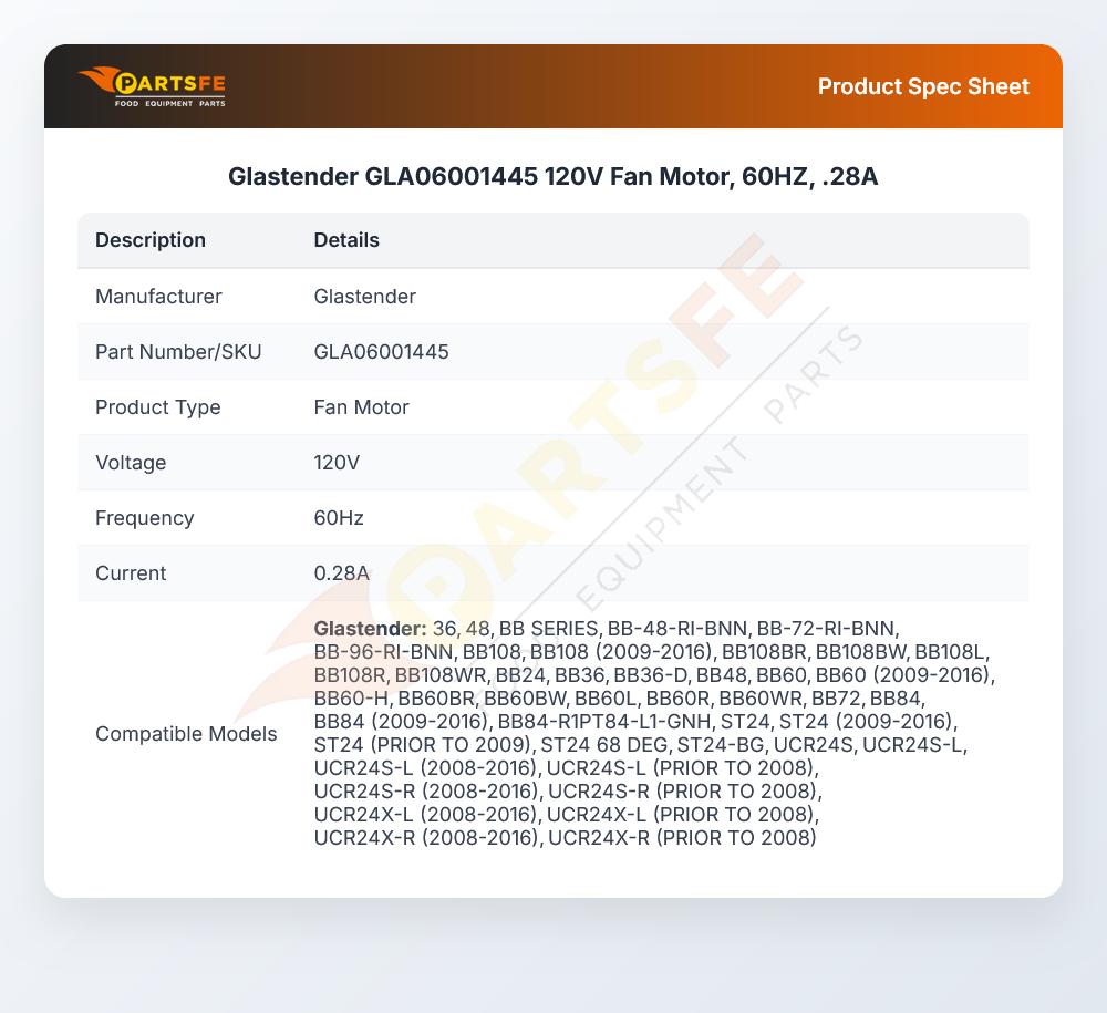 Glastender GLA06001445 120V Fan Motor, 60HZ, .28A