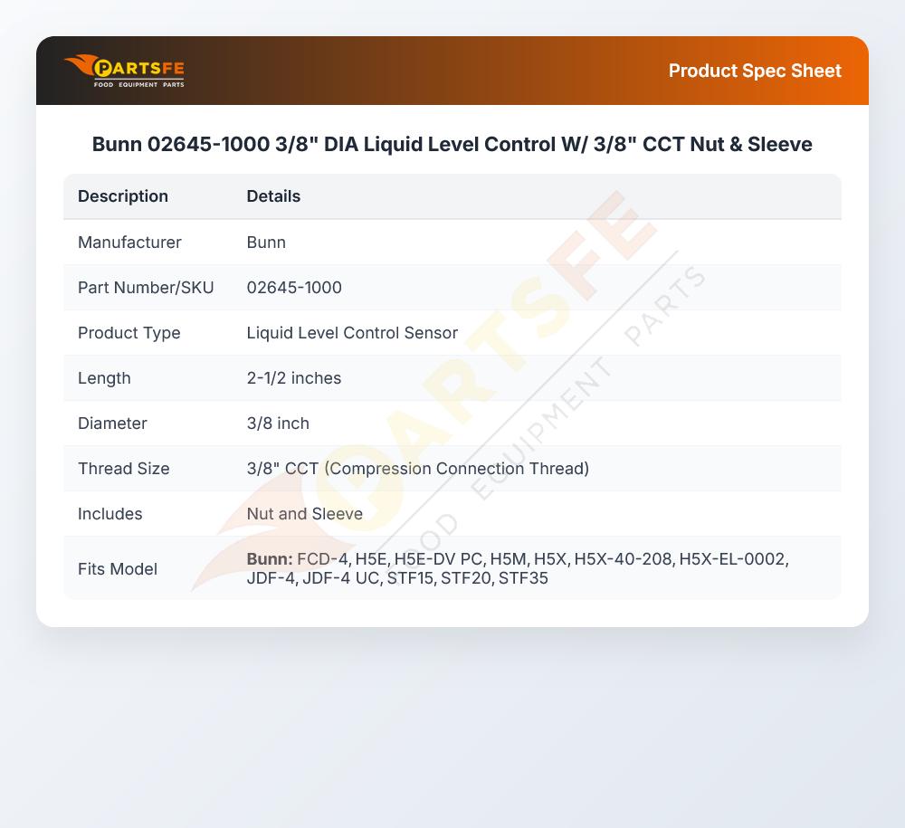 Bunn 02645-1000 3/8" DIA Liquid Level Control W/ 3/8" CCT Nut & Sleeve
