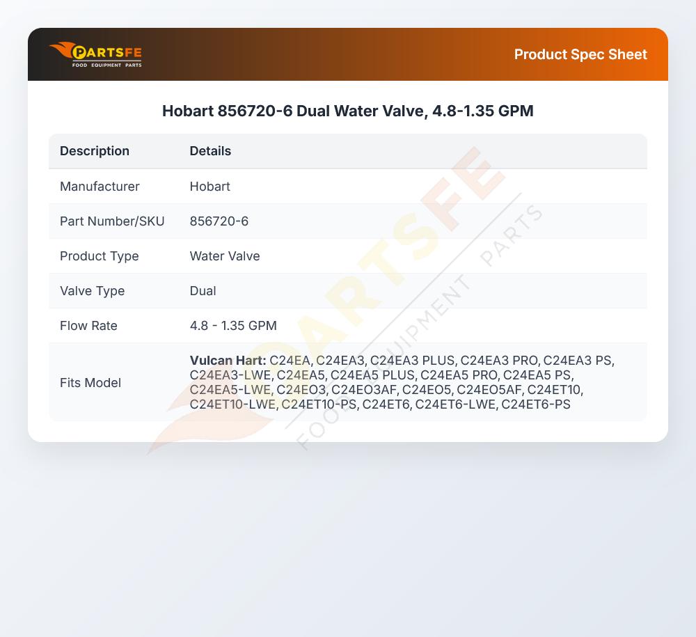 Hobart 856720-6 Dual Water Valve 4.8-1.35 GPM