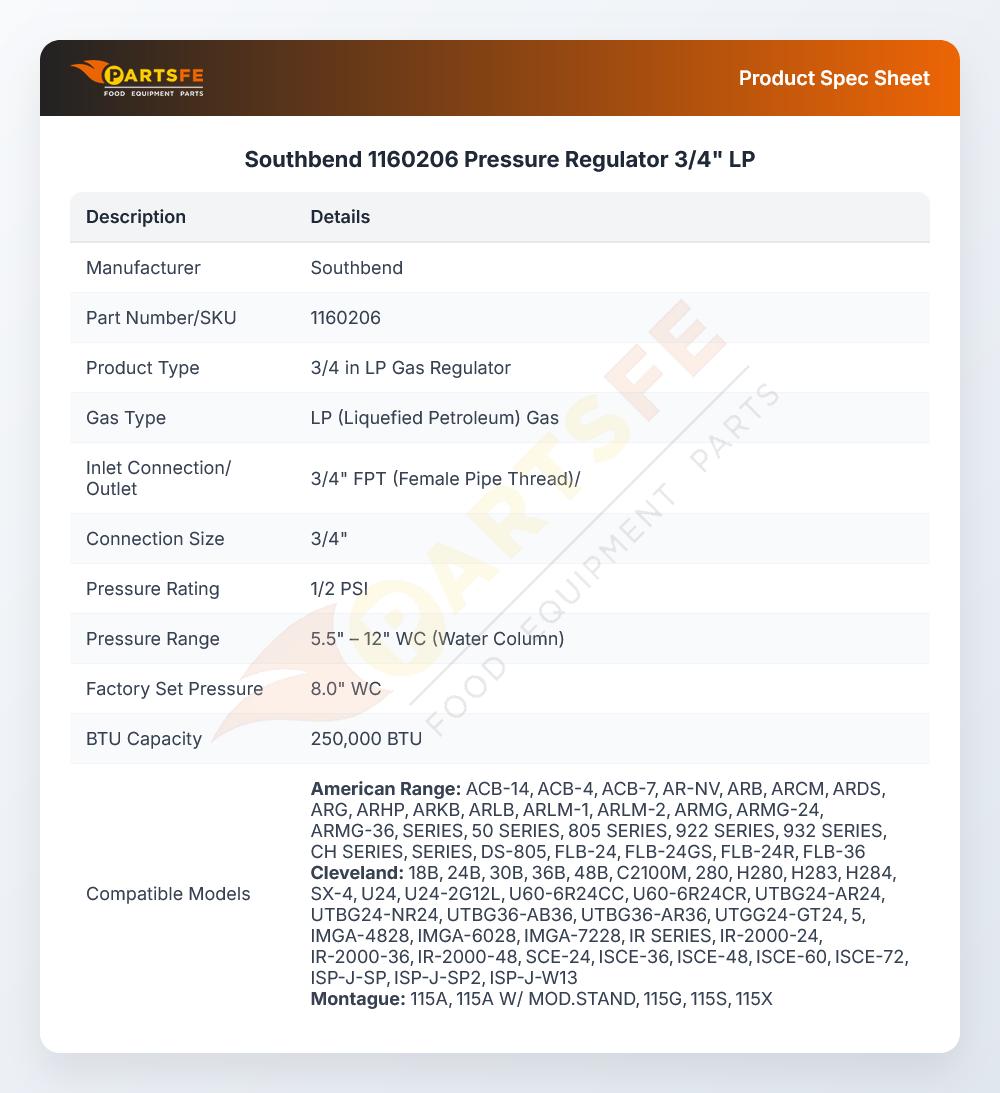 Southbend 1160206 Salamandar Broiler Pressure Regulator 3/4" LP