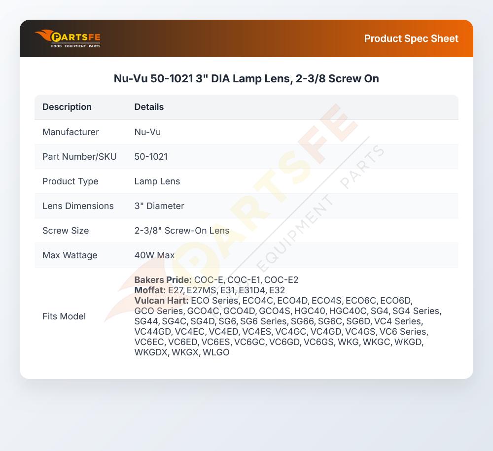 Nu-Vu 50-1021 Oven Light Glass Cover/Globe