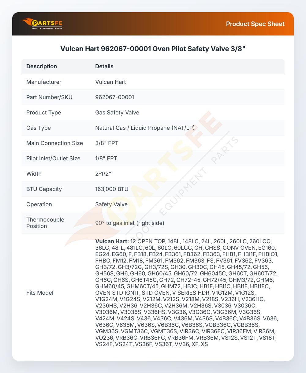 Vulcan Hart 962067-00001 Oven Pilot Safety Valve 3/8"
