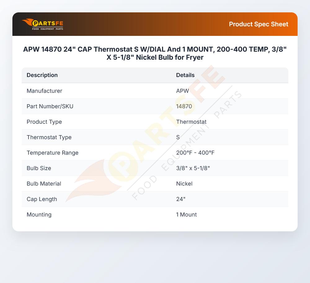 APW 14870 Thermostat 200&deg;F-400&deg;F 3/8" X 5-1/8" 24" CAP S-Type