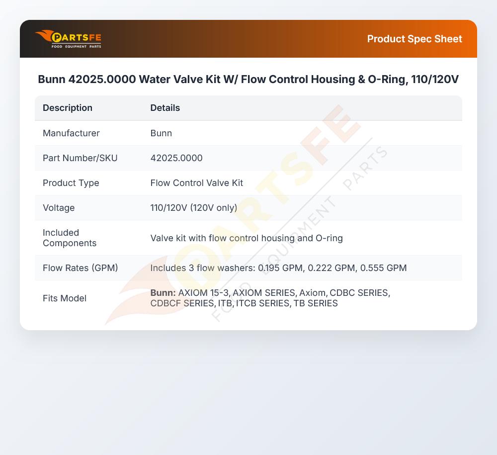 Bunn 42025.0000 Water Valve Kit W/ Flow Control Housing & O-Ring, 110/120V