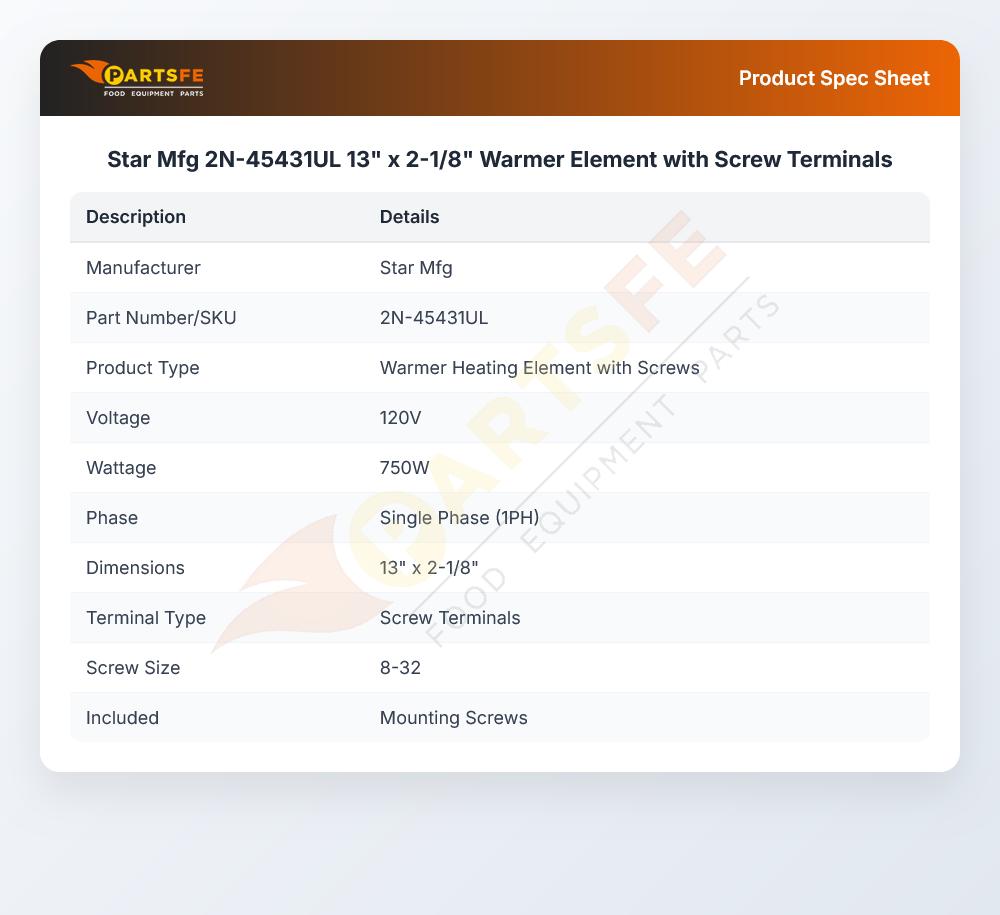 Star Mfg 2N-45431UL Warmer Element 750W 120V