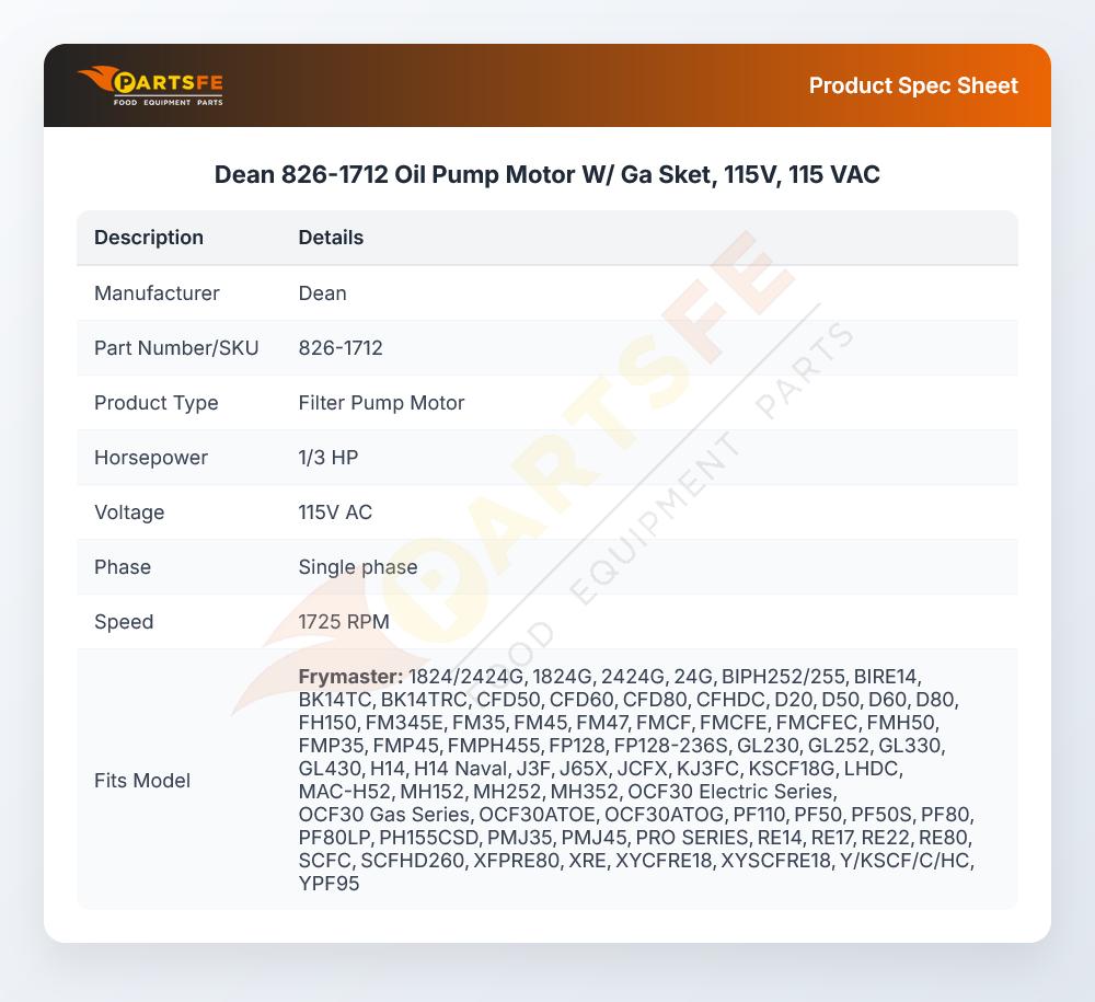 Dean 826-1712 Oil Pump Motor W/Gasket W/Gasket 115V 1PH 60Hz
