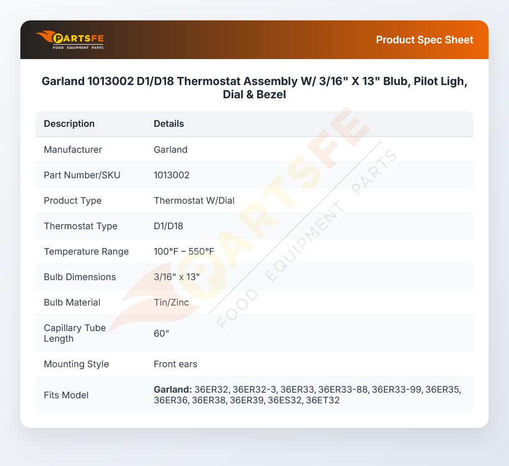 Garland 1013002 Thermostat W/Dial 3/16" X 13" D1/D18