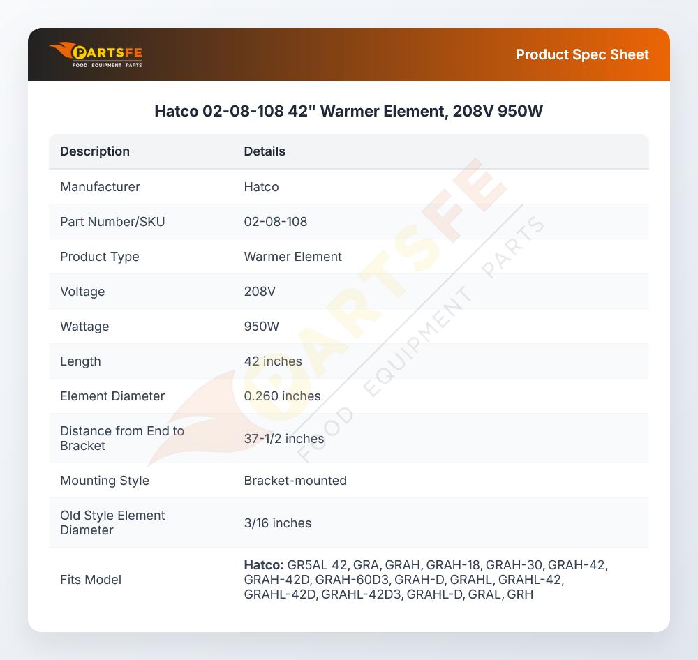 Hatco 02-08-108 42" Warmer Element, 208V 950W