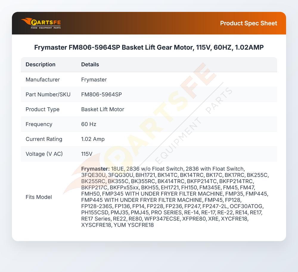Frymaster FM806-5964SP Basket Lift Gear Motor 1.02A 115V 60Hz