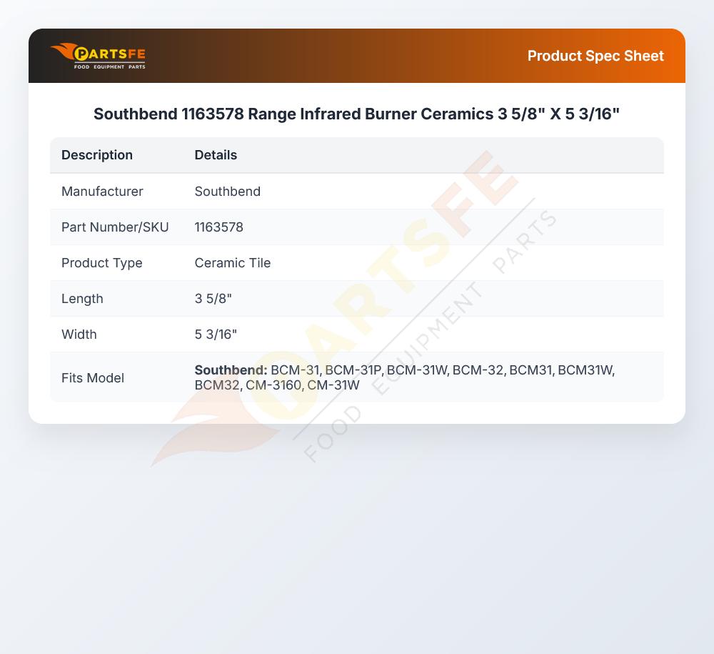 Southbend 1163578 Range Infrared Burner Ceramics 3 5/8" X 5 3/16"