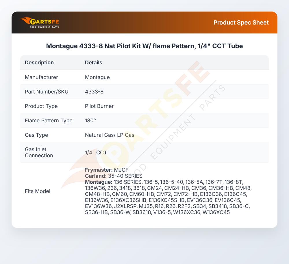 Montague 4333-8 Nat Pilot Kit W/ flame Pattern, 1/4" CCT Tube