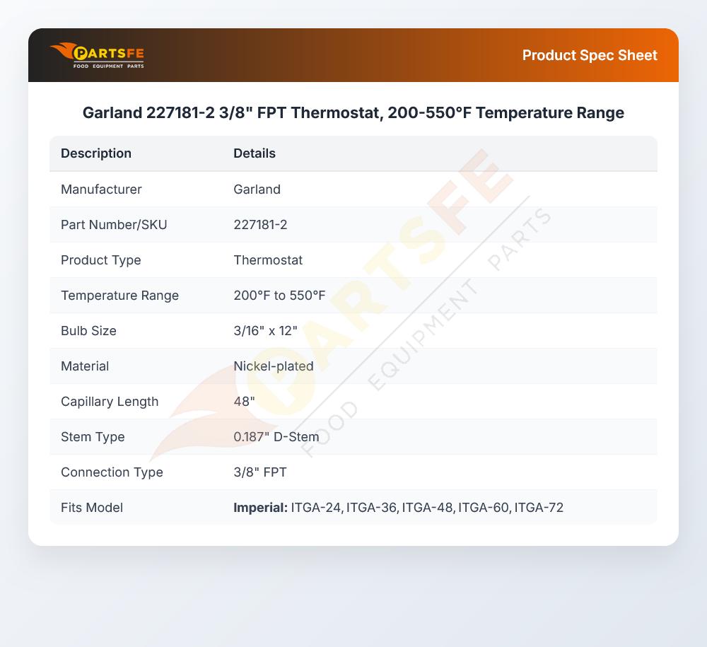 Garland 227181-2 GS Thermostat 3/16 X 12 48