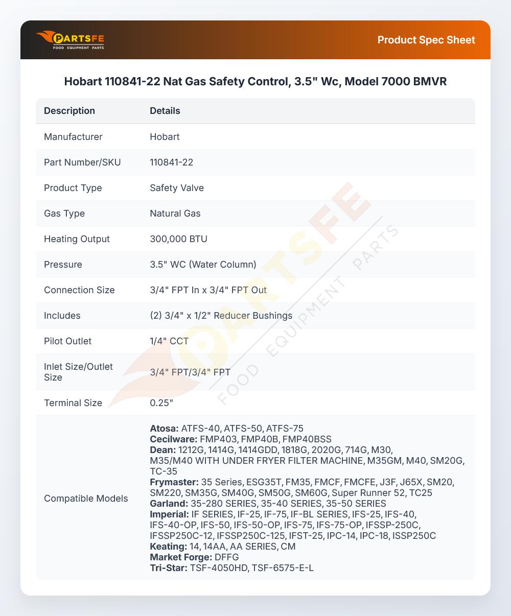 Hobart 110841-22 Natural Gas Safety Control 3.5" WC Model 7000 BMVR