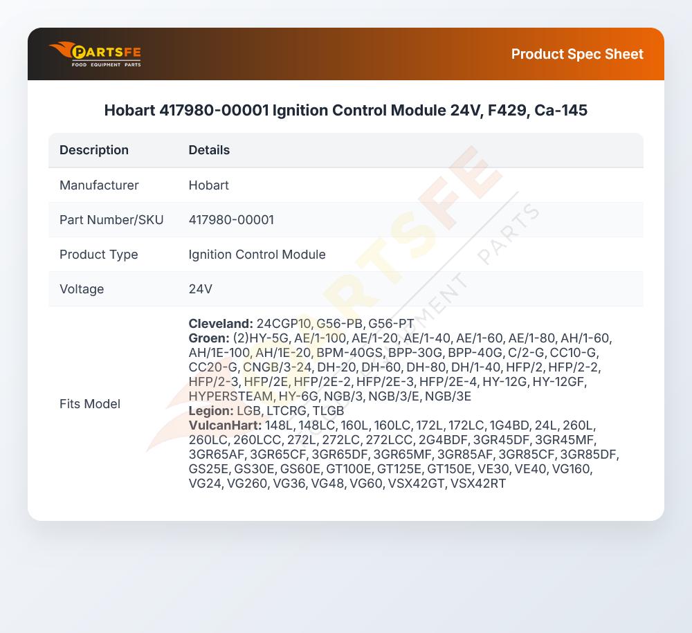 Hobart 417980-00001 Ignition Control Module 24V F429 CA-145