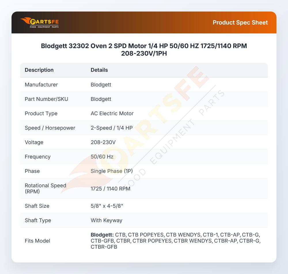 Blodgett 32302 Oven 2 SPD Motor 1/4 HP 50/60 HZ 1725/1140 RPM 208-230V/1PH