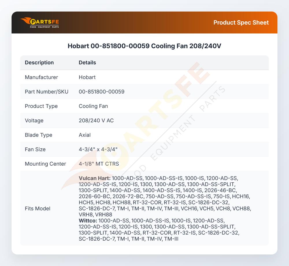 Hobart 00-851800-00059 Cooling Fan 208/240V