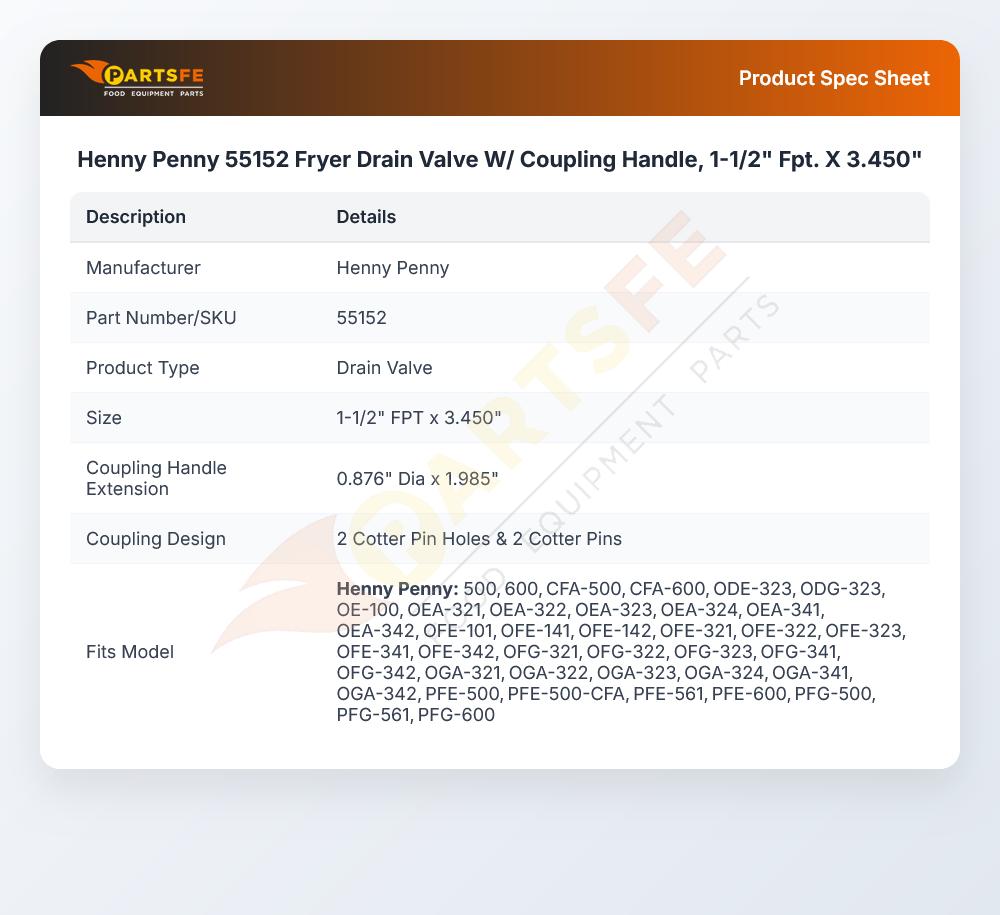 Henny Penny 55152 Fryer Drain Valve W/Coupling Handle 1-1/2" FPT X 3.450"
