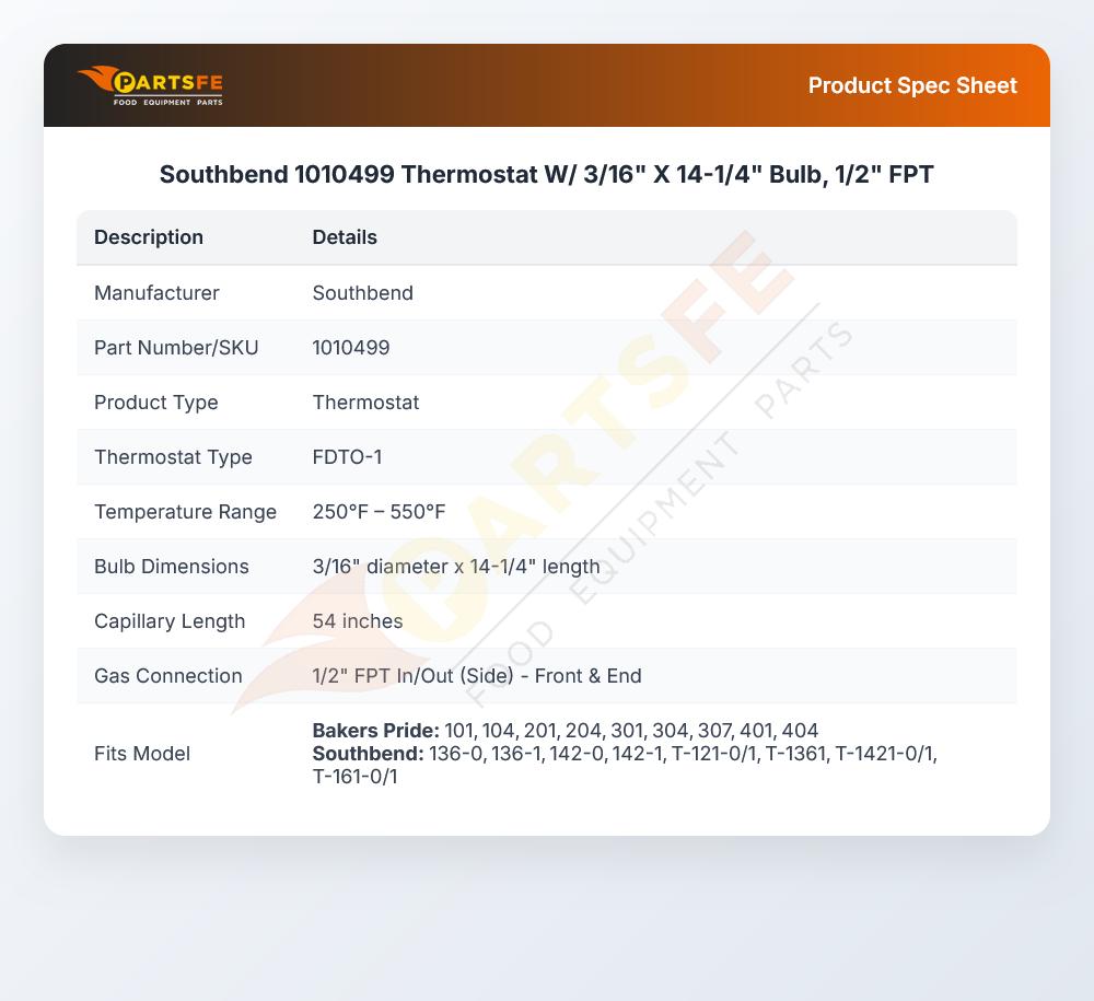 Southbend 1010499 Thermostat W/3/16" X 14-1/4" Bulb 1/2" FPT