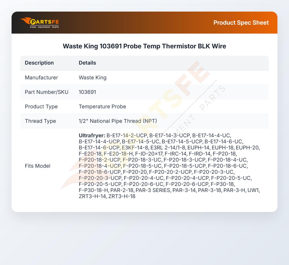 Waste King 103691 Probe Temp Thermistor BLK Wire
