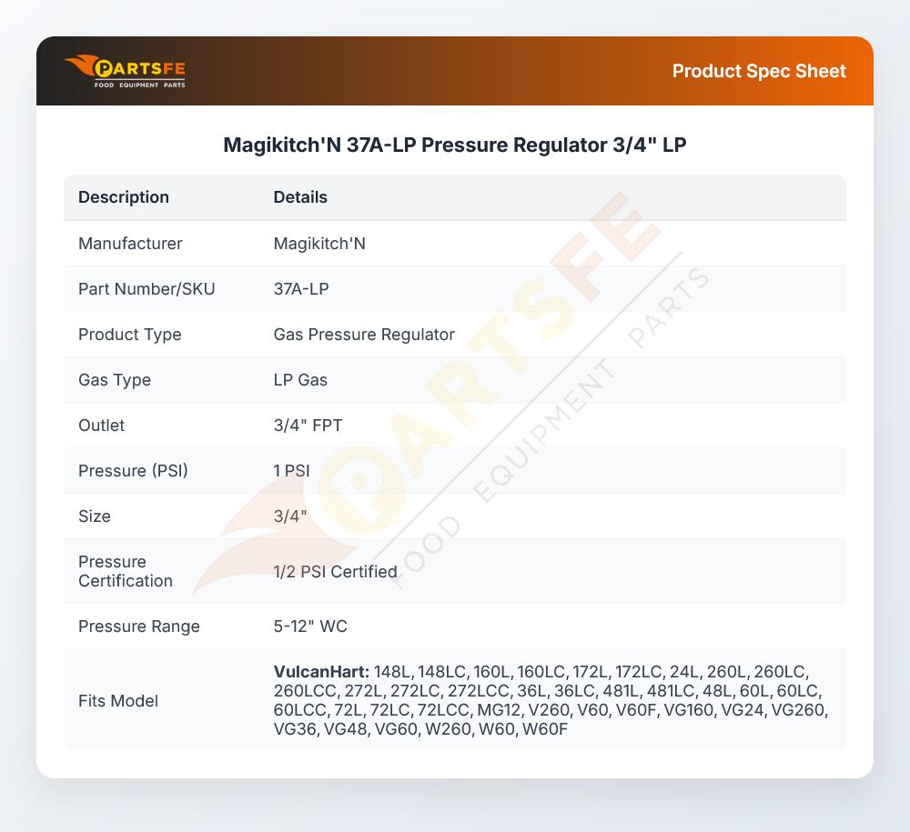 Magikitch'N 37A-LP Pressure Regulator 3/4" LP